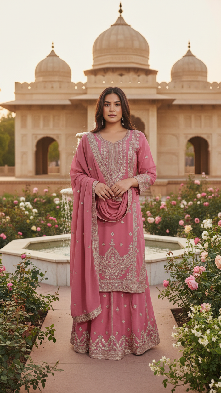 Blush Pink Zari Embroidered Kurta Skirt Set (Plus Size)