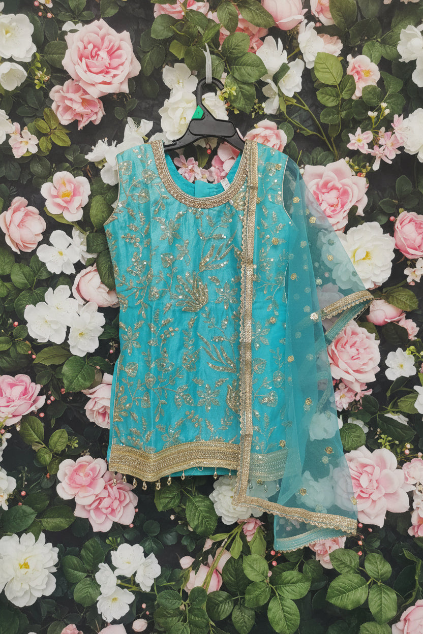 Turquoise Fendy Silk Sharara suit set for girls