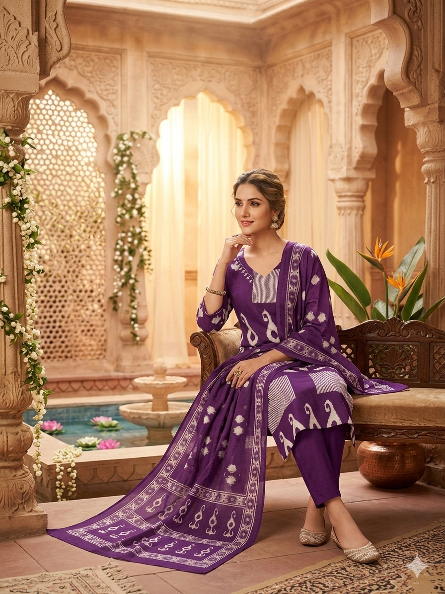 Purple Digital Print Cotton Kurta Set