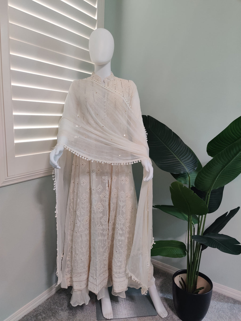 Cream Chikankari Embroidered Palazzo Kurta Set