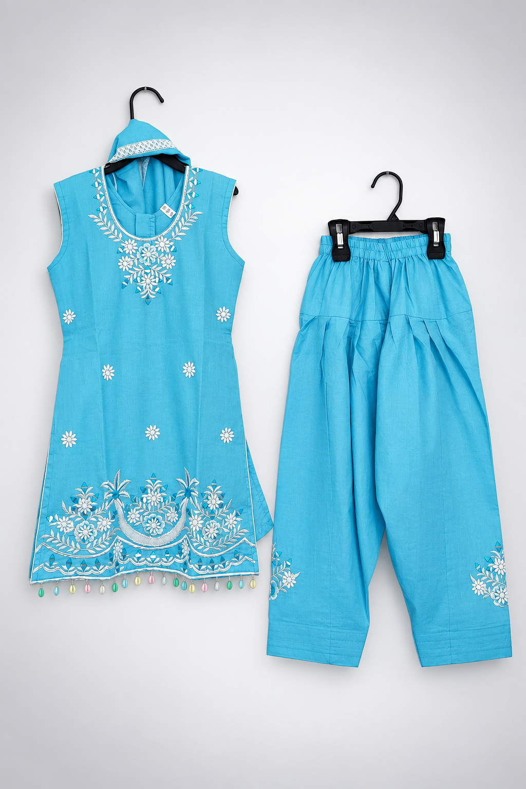 Little Girls’ Summer Wear Cotton Embroidered Farshi Salwar Suit Set — Light Blue