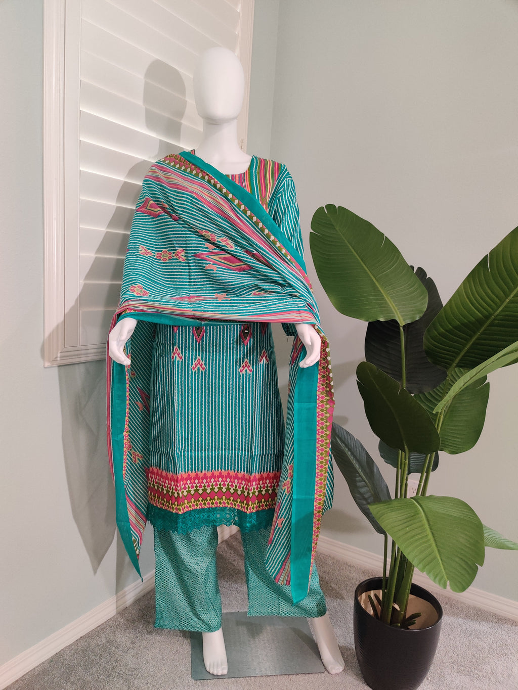 Turquoise Garden Printed Cotton Kurta Set (Plus Size)