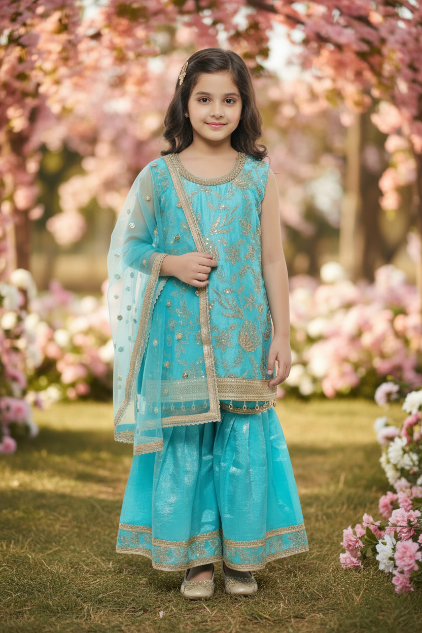 Turquoise Fendy Silk Sharara suit set for girls
