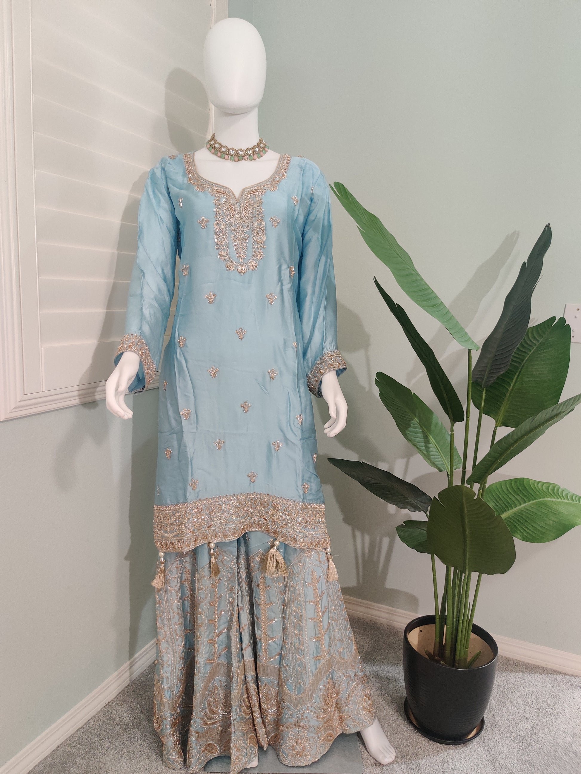 ✨ Silk Zari Embroidered Plazzo Kurta Set — Luxe & Regal