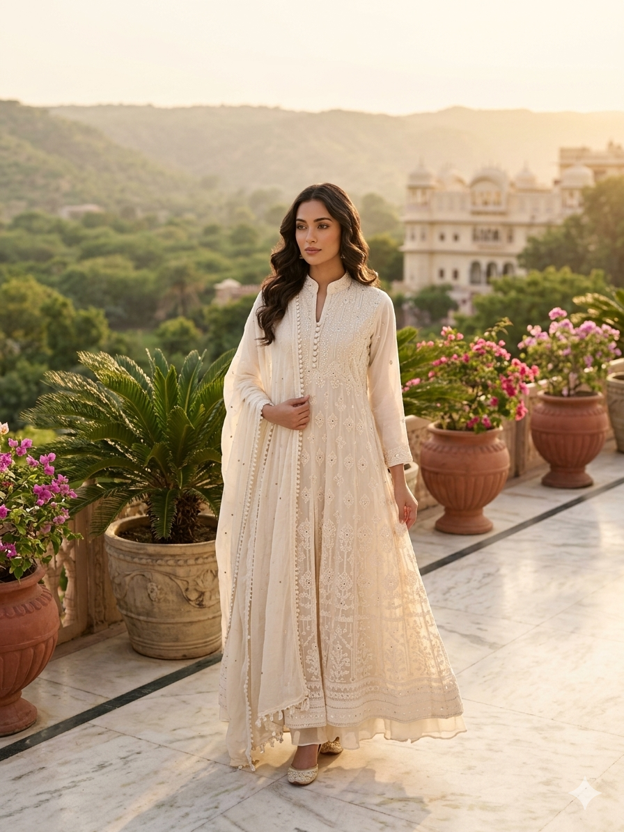 Cream Chikankari Embroidered Palazzo Kurta Set