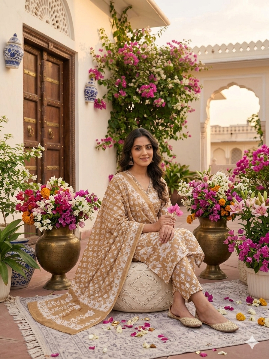 Beige Summer Wear Cotton Kurta Set