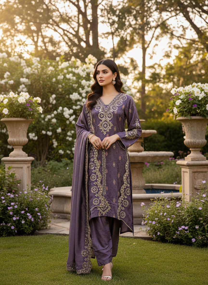 Regal Lavender straight kurta set with intricate gold-silver embroidery — celebration ready.