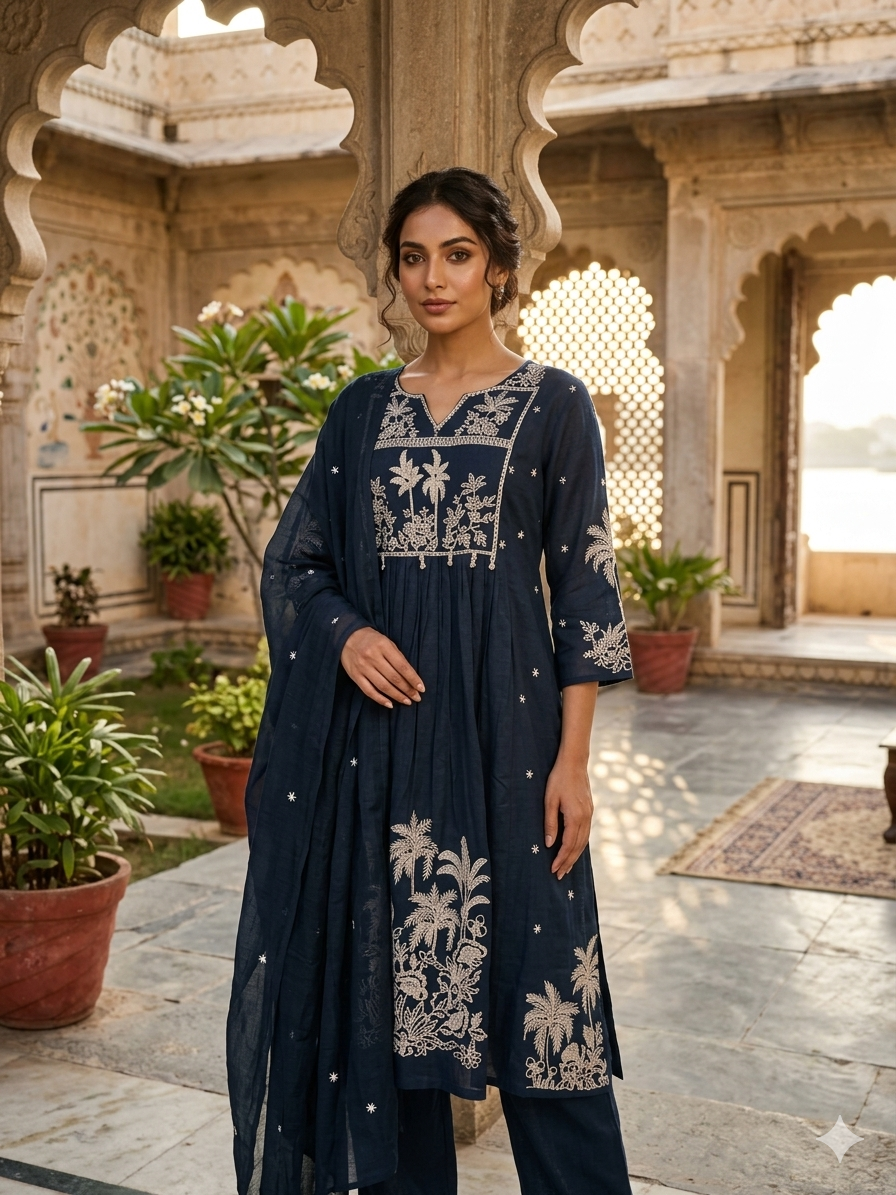 Dark Green A line Mul Cotton Embroidered Kurta Set