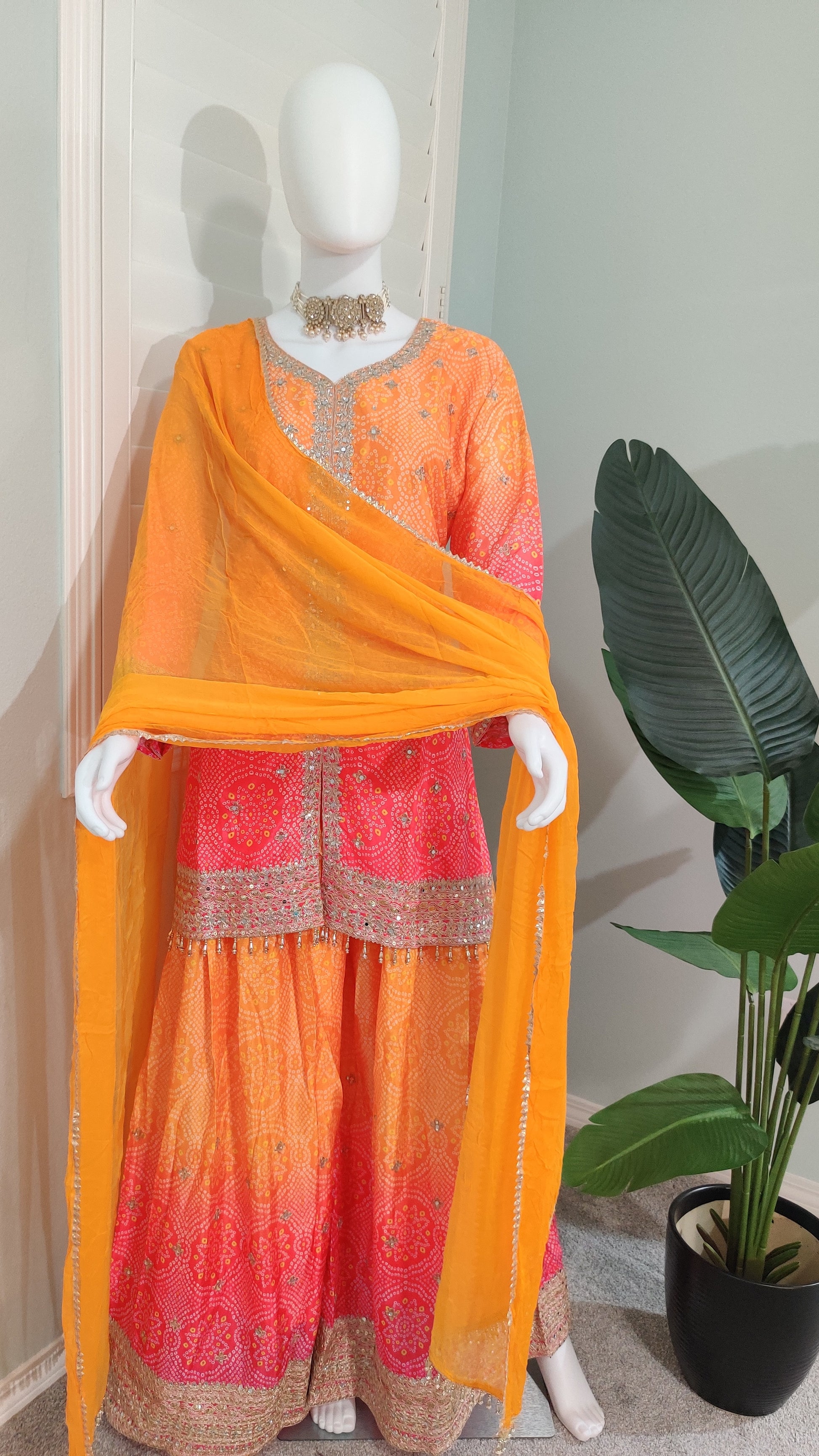 Chinnon Fabric Bandhej Print Heavy Palazzo Kurta Set