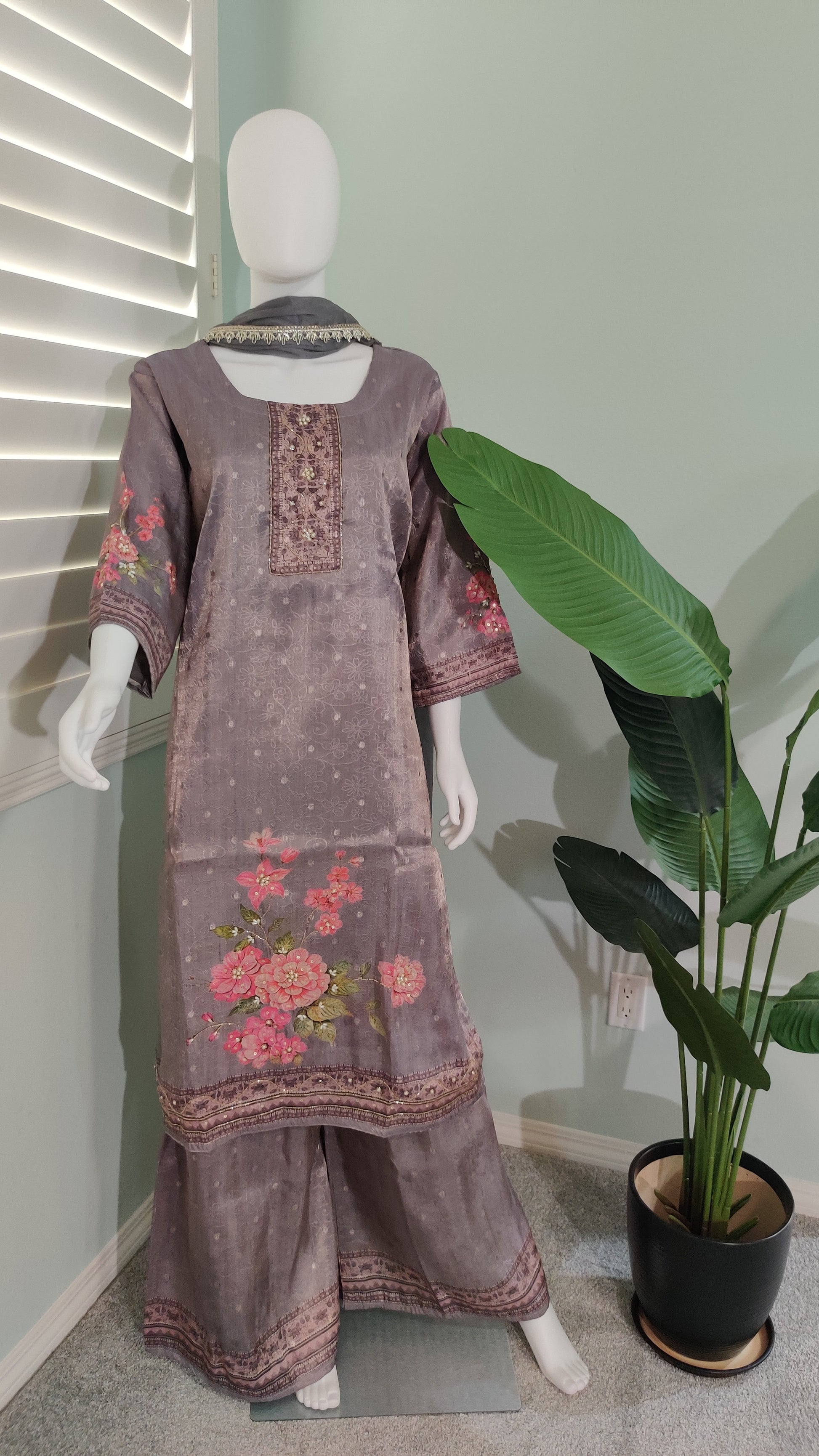 Grey Plazzo Kurta Set in Plus Size