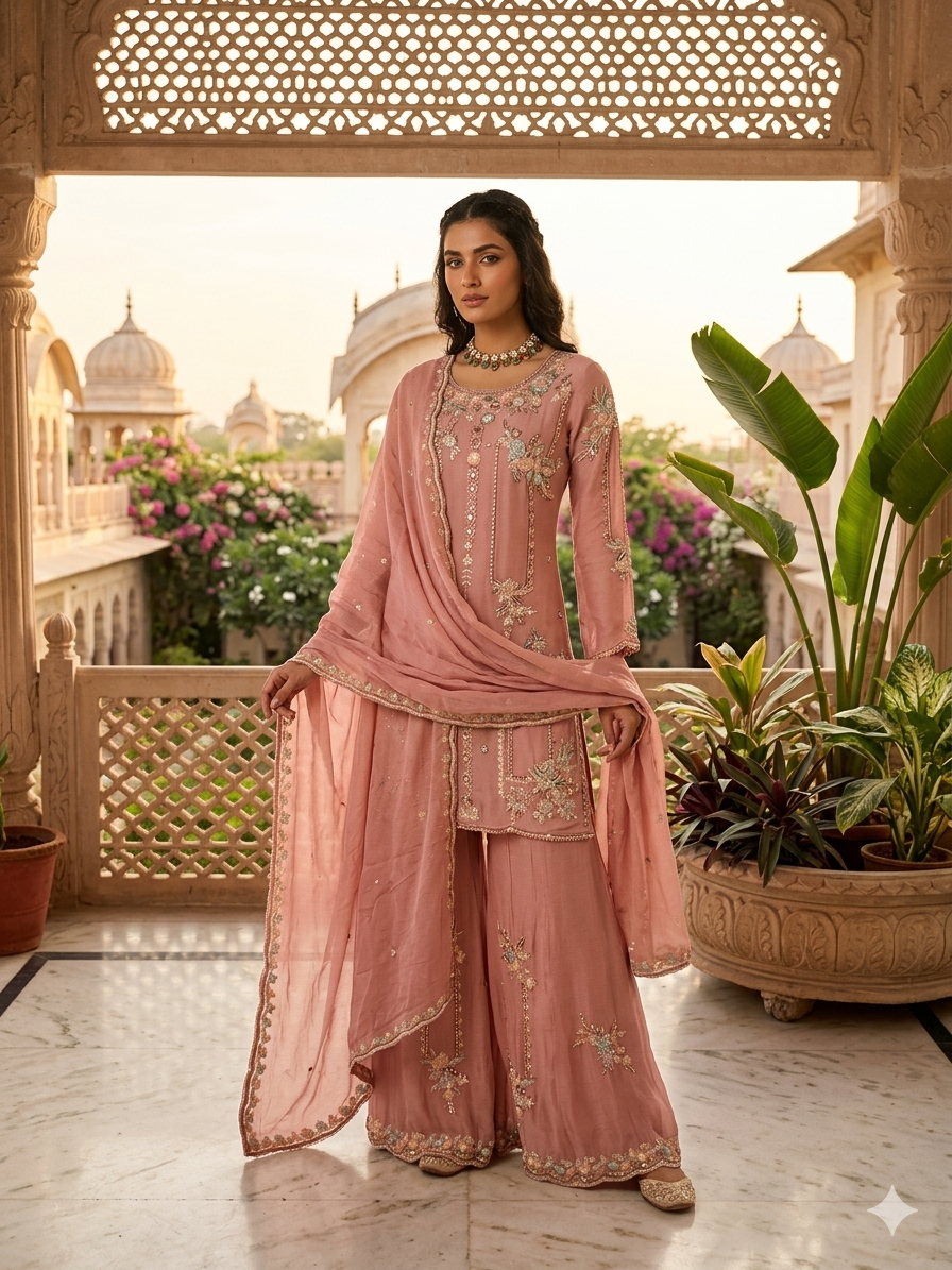 Peach Pink Handwork Embroidered Plazzo Kurta Set