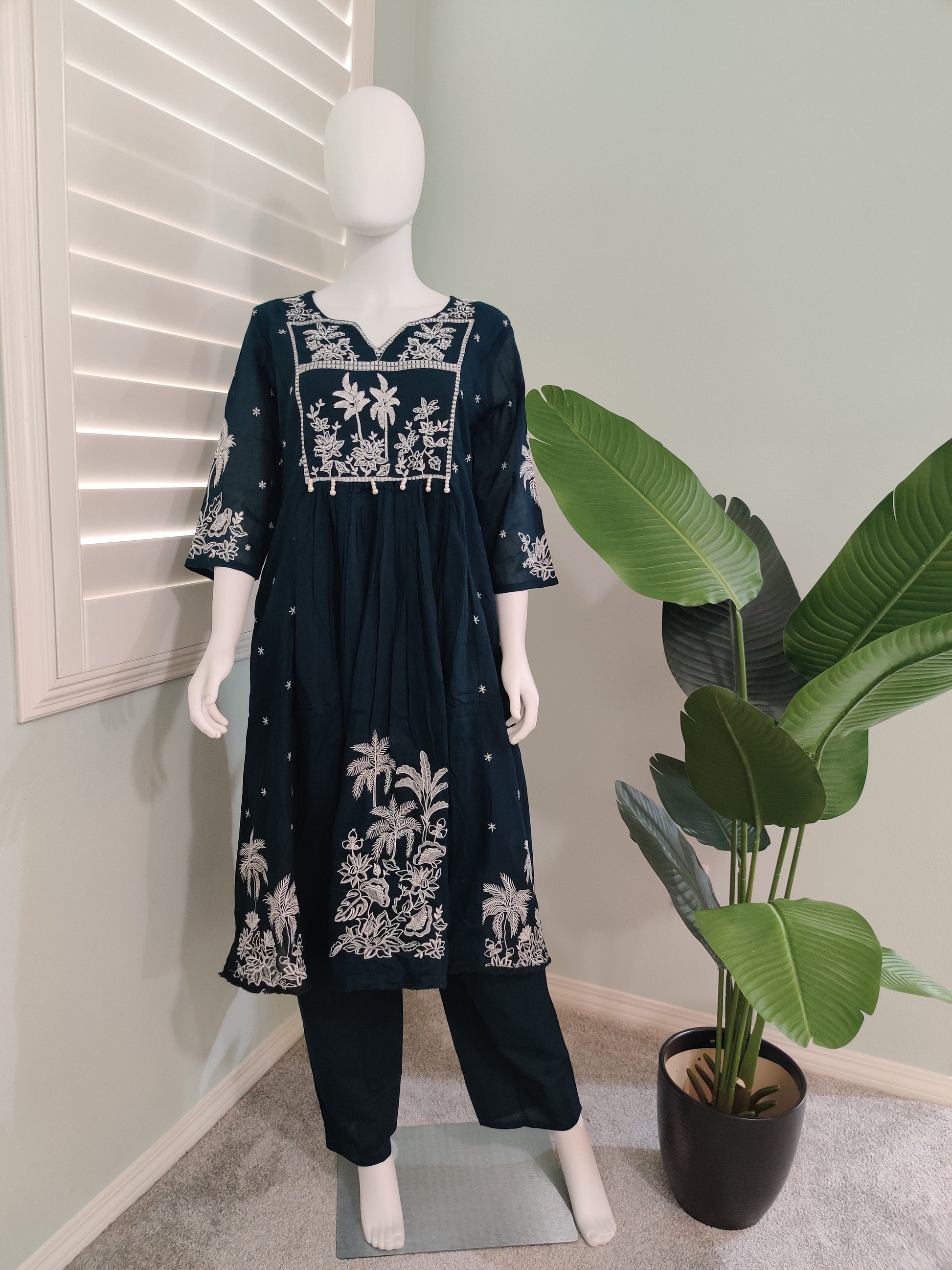 Dark Green A line Mul Cotton Embroidered Kurta Set