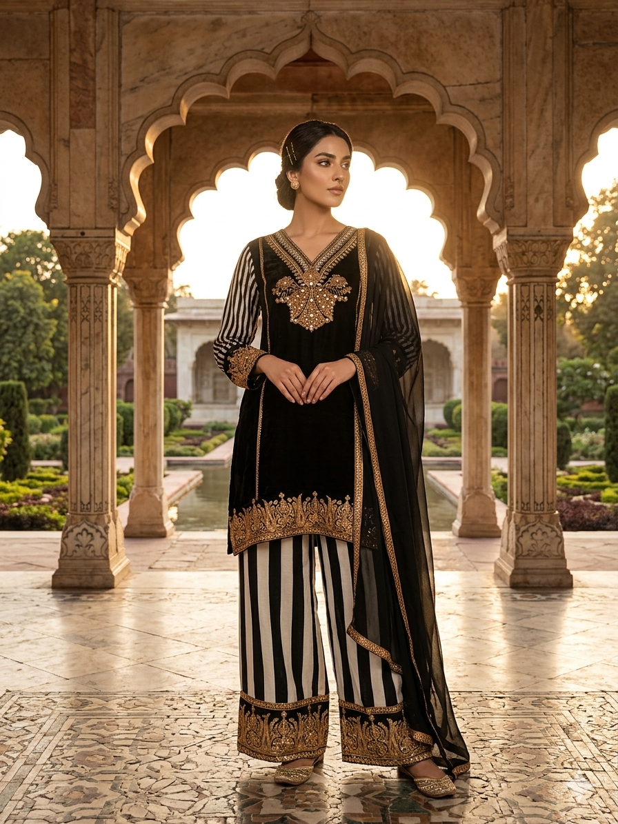 Radiant Regal: Black Crepe Silk Palazzo Kurta Set