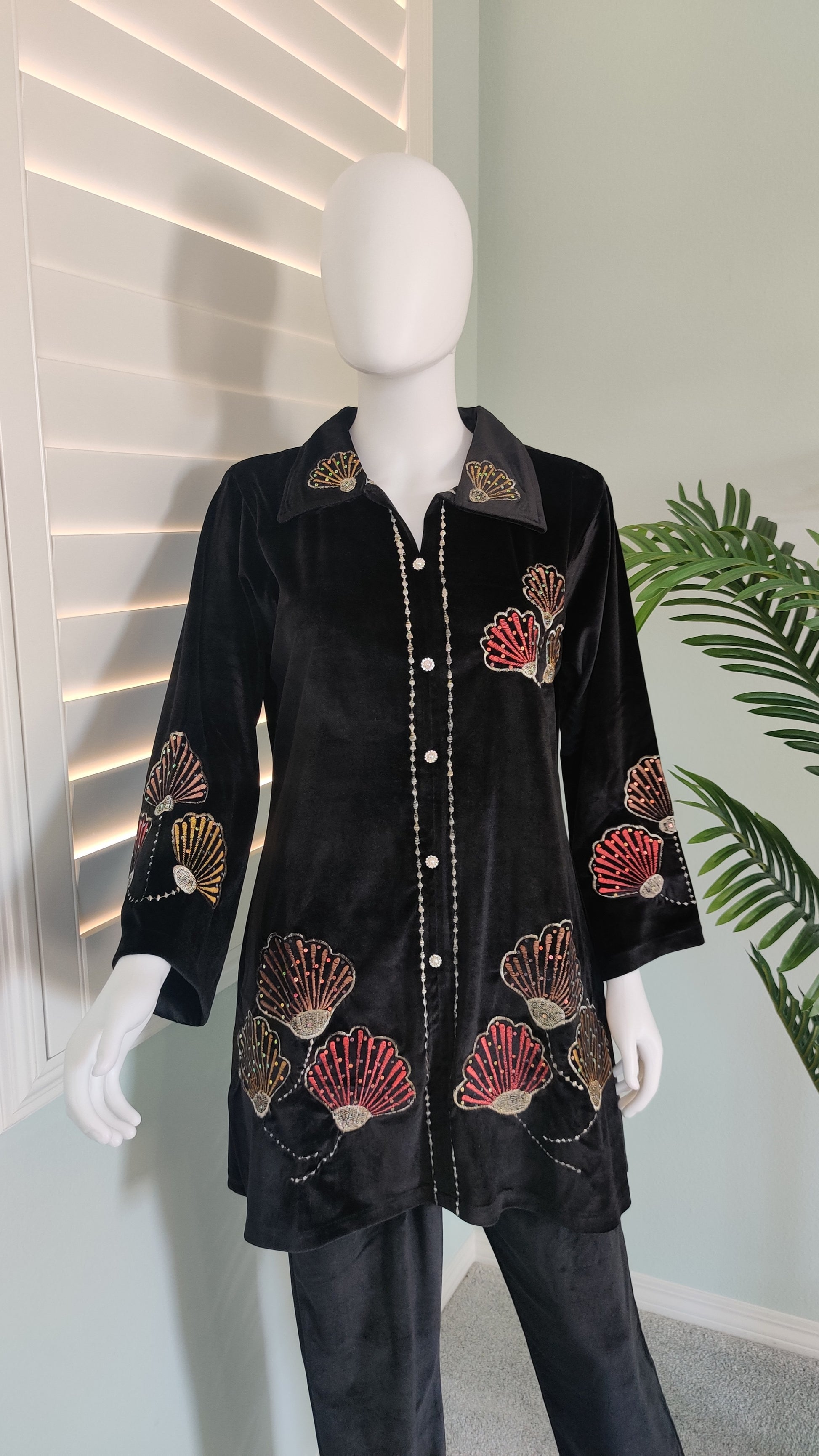 Black Velvet Elegance in Shell Embroidery