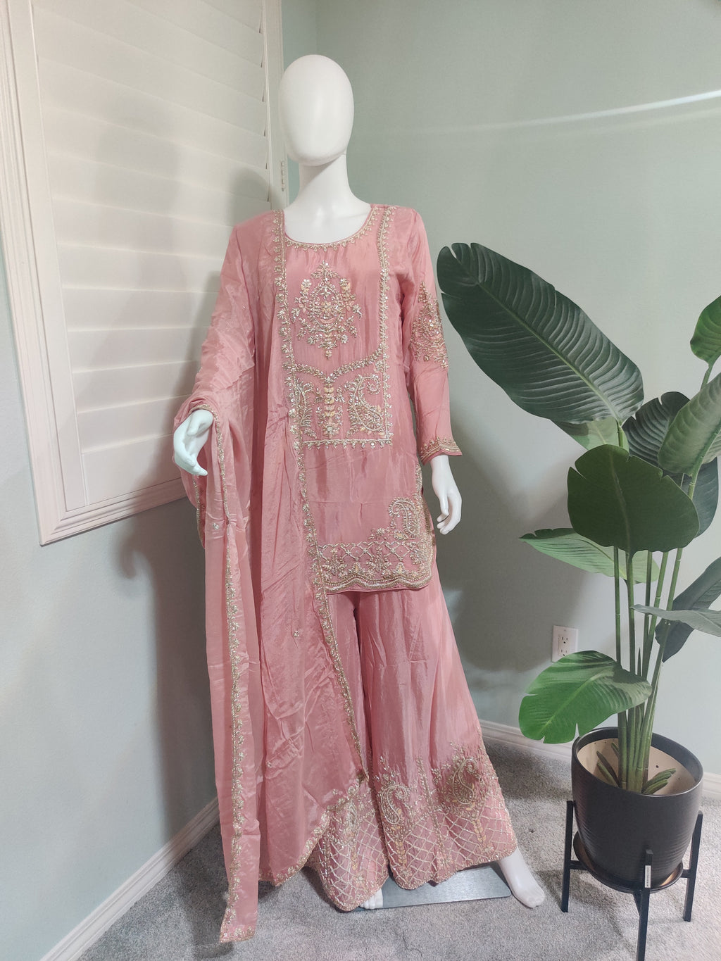 Pastel Pink Zari Embroidered Festive Wear Plazzo Kurta Set