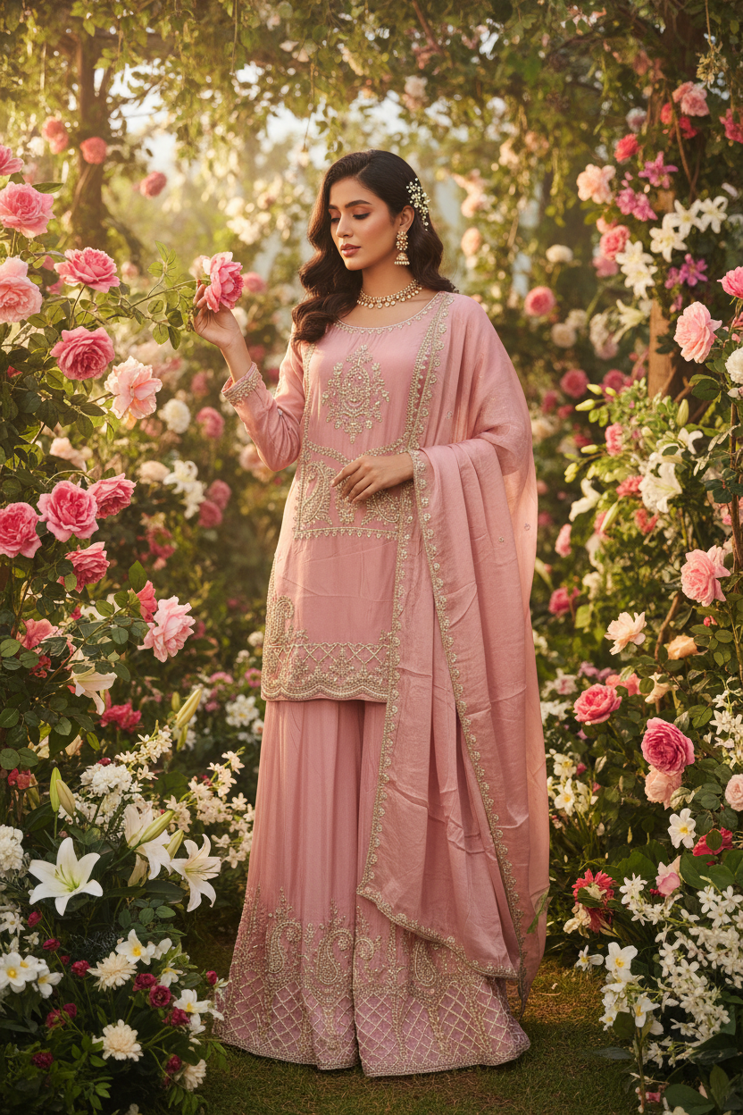 Pastel Pink Zari Embroidered Festive Wear Plazzo Kurta Set