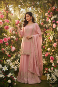 Pastel Pink Zari Embroidered Festive Wear Plazzo Kurta Set