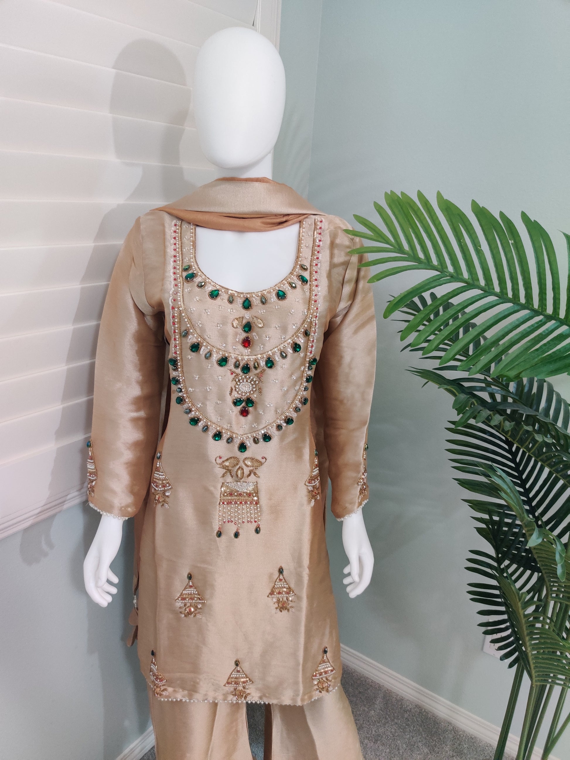 Golden Party Wear Handwork Embroidered Plazzo Kurta Set