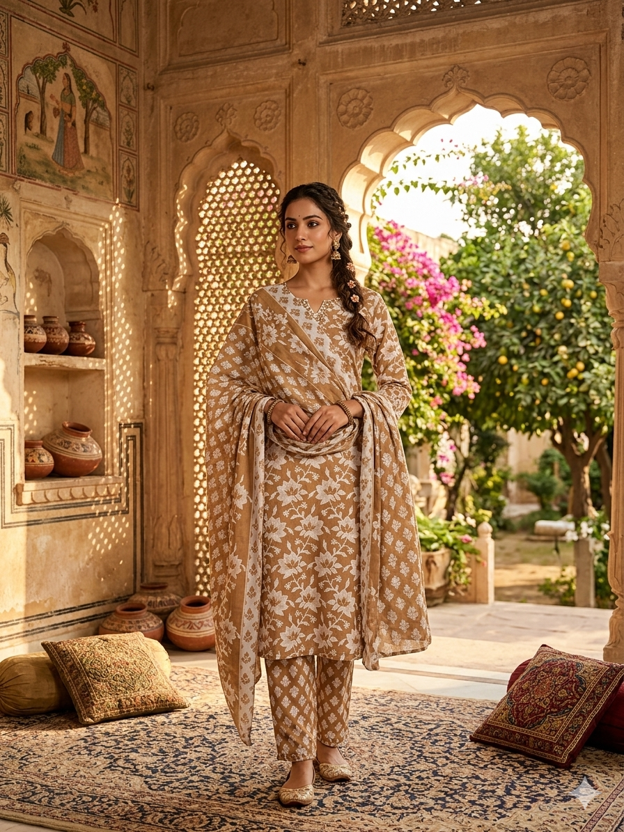 Beige Summer Wear Cotton Kurta Set