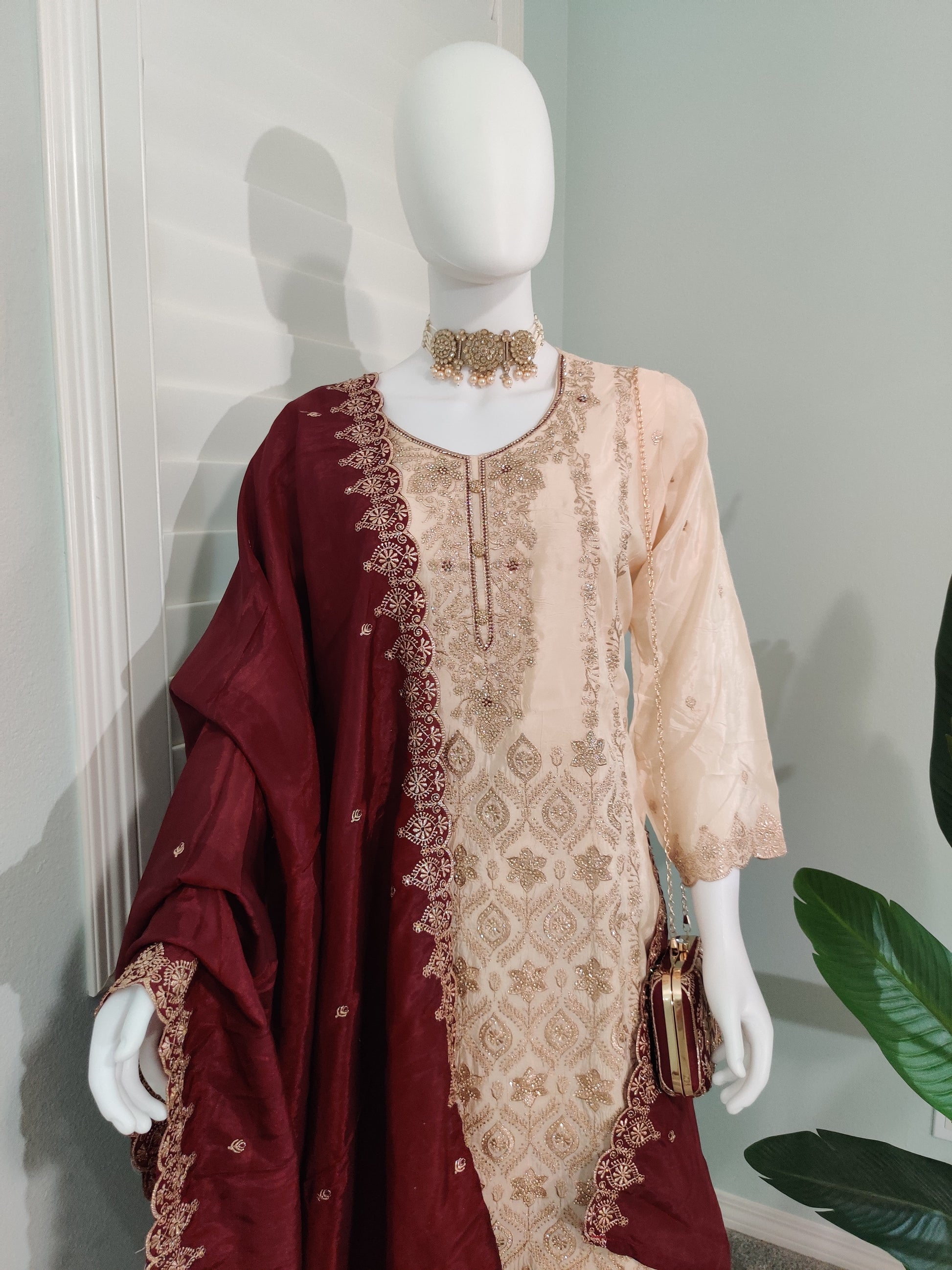 Glass Organza Embroidered Straight Pant Kurta set with Matching Purse