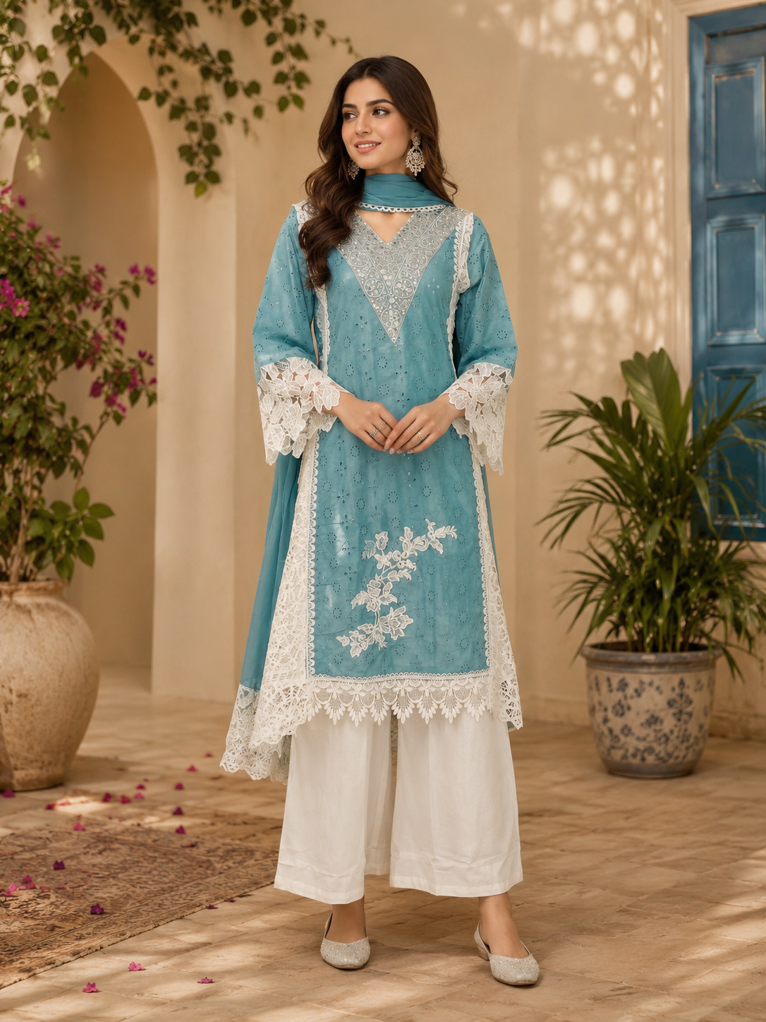 Powder Blue Pakistani Style Plazzo Kurta Set
