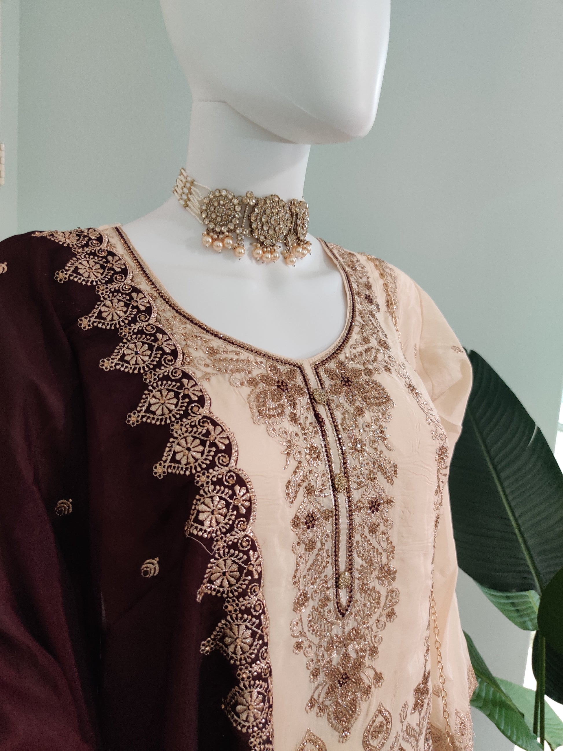 Glass Organza Embroidered Straight Pant Kurta set with Matching Purse