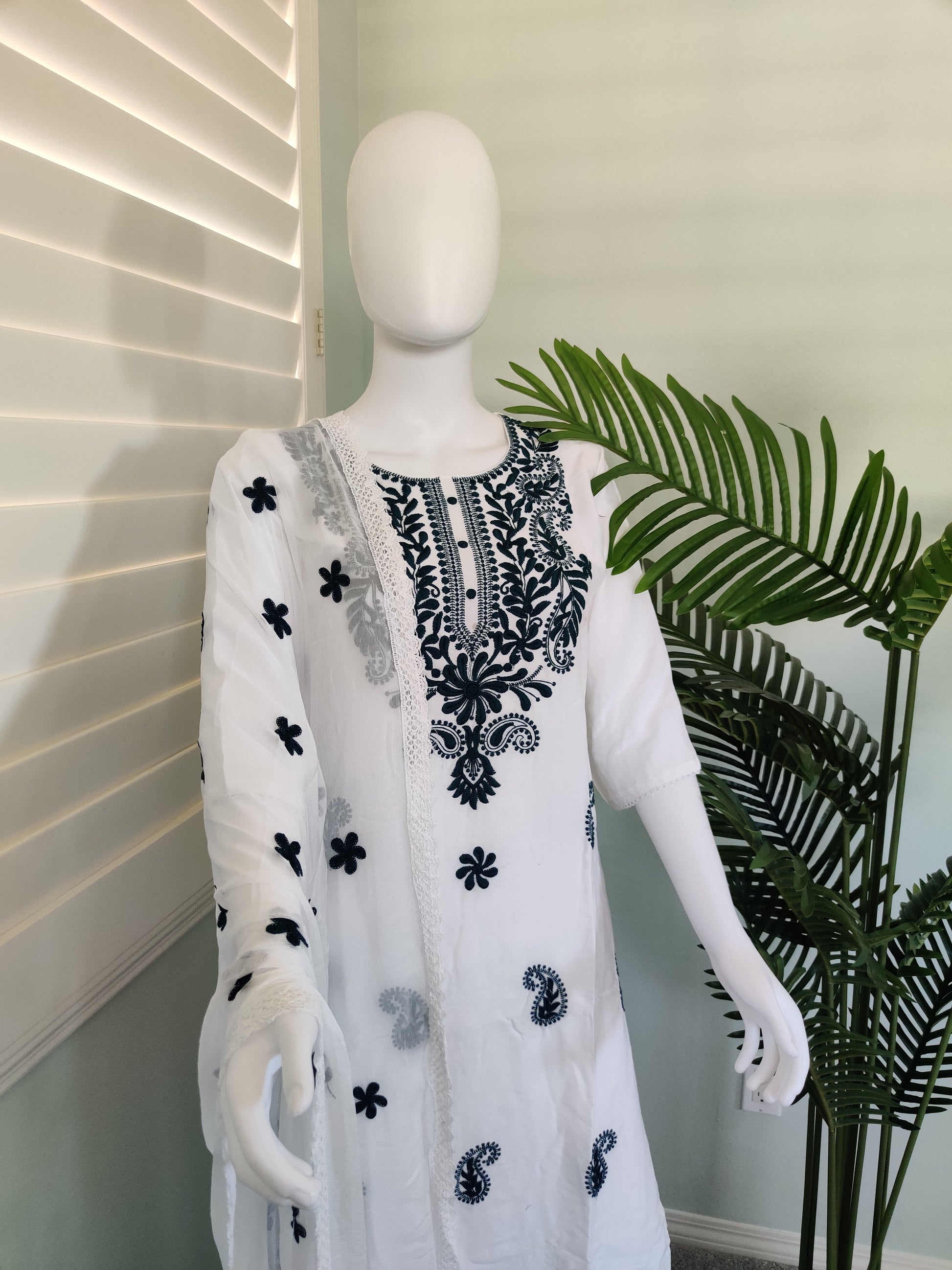 White Chikan Embroidered Summer Wear Plazzo Suit