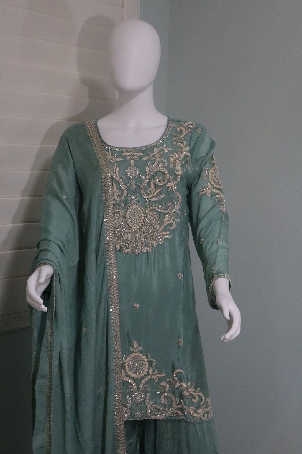 Green Wedding Wear Handwork Embroidered Plazzo Kurta Set