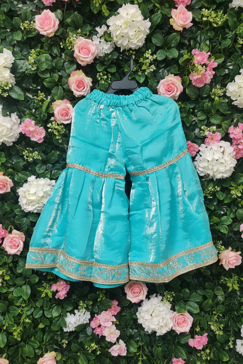 Turquoise Fendy Silk Sharara suit set for girls