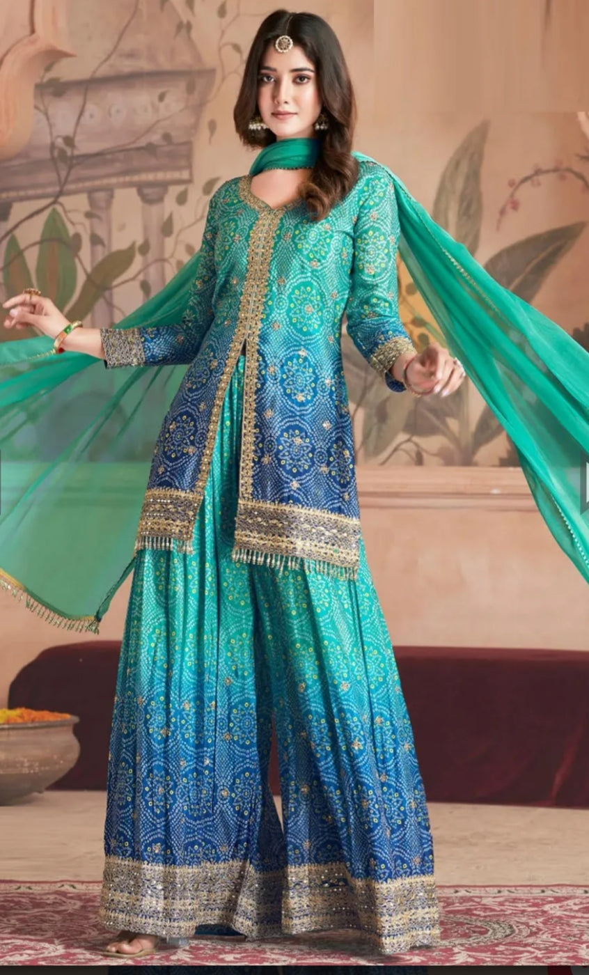 Chinnon Fabric Bandhej Print Heavy Palazzo Kurta Set