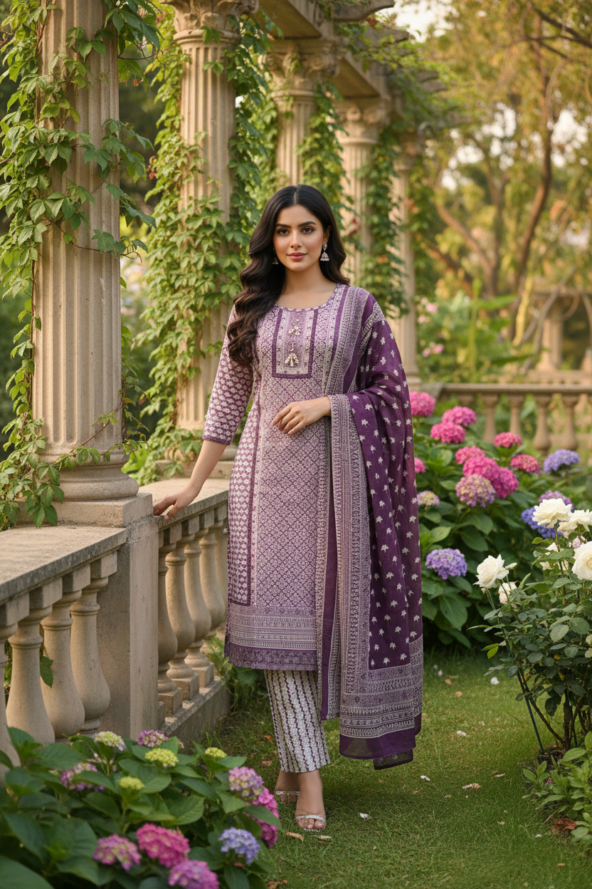 Lavendar Printed Summer Wear Cotton Kurta Set