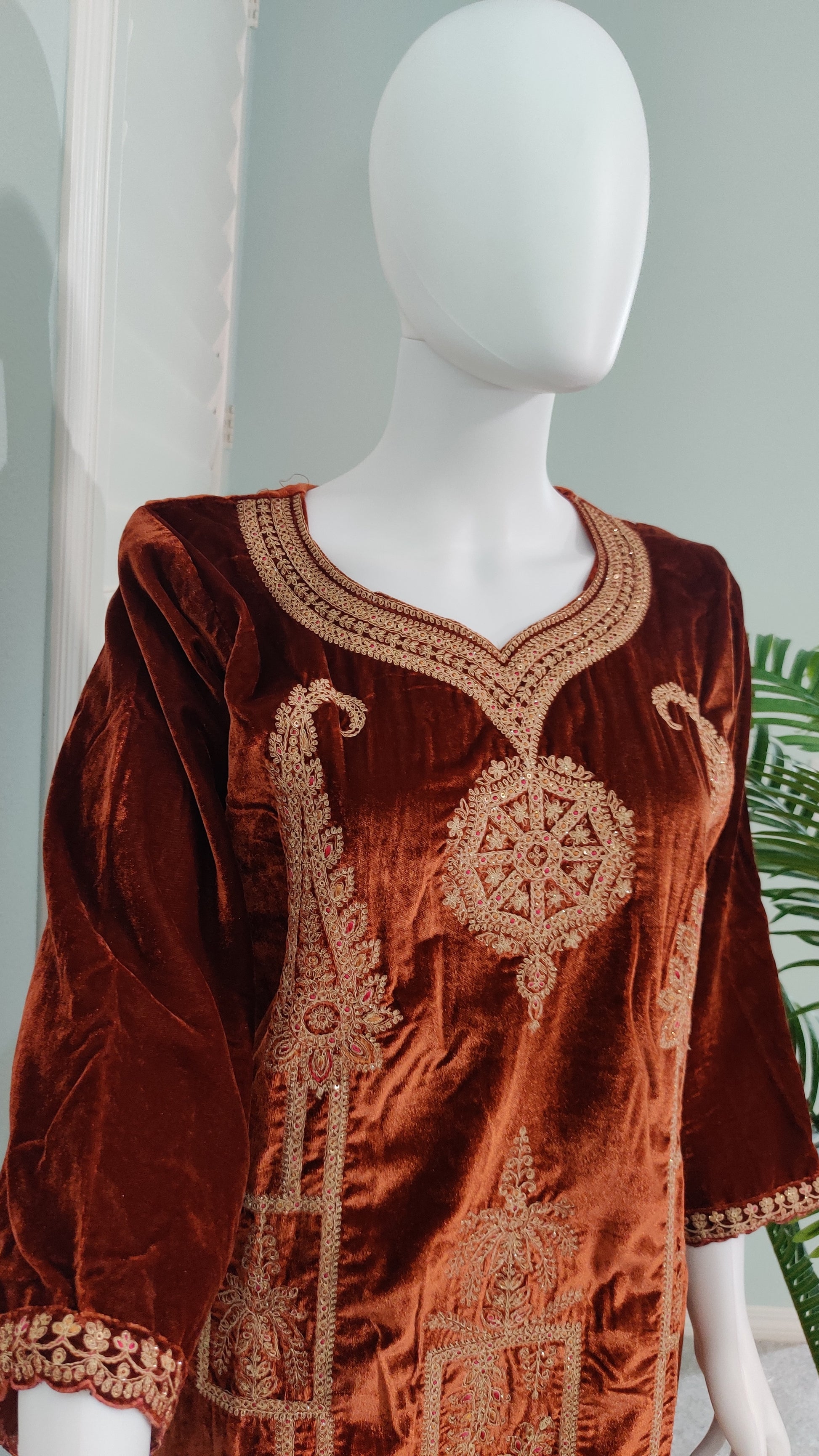 Fully Embroidered Brown Colour Velvet Suit With Embroidered Dupatta
