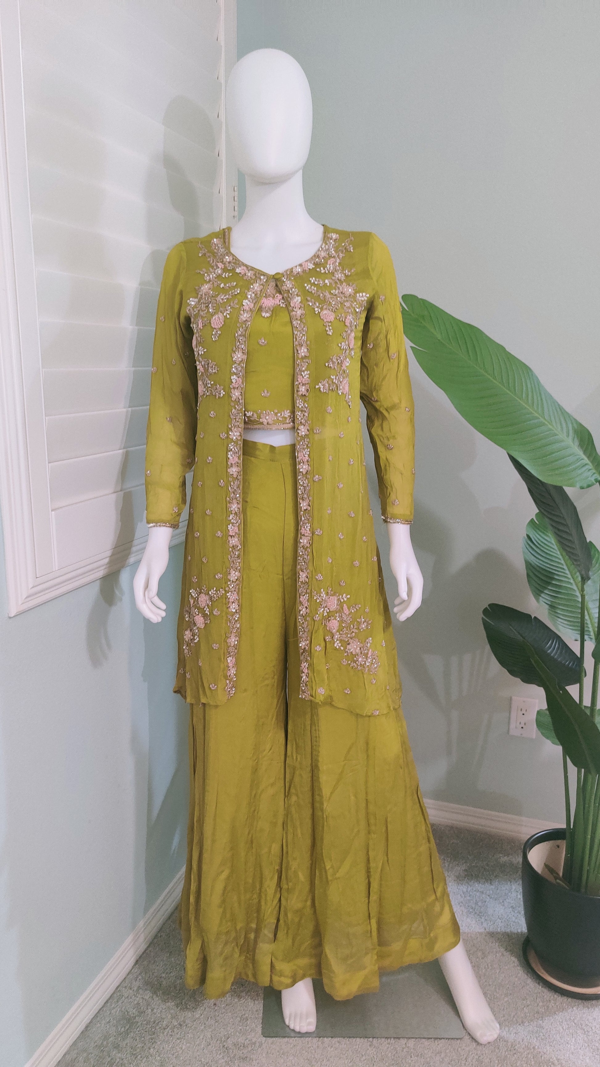 Chinon Indo Western Dress with a hand‑embroidered removable jacket.”