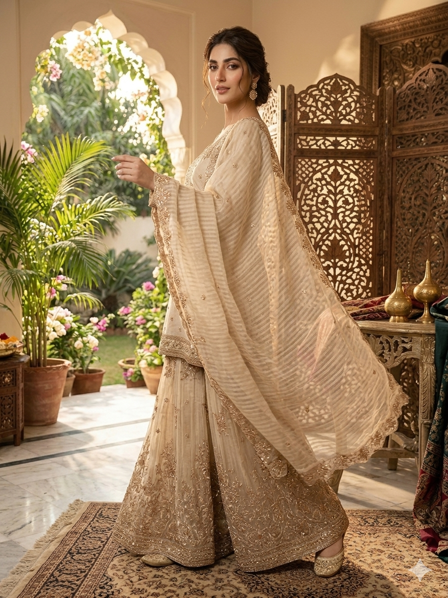 Beige Wedding Wear Handwork Embroidered Plazzo Suit