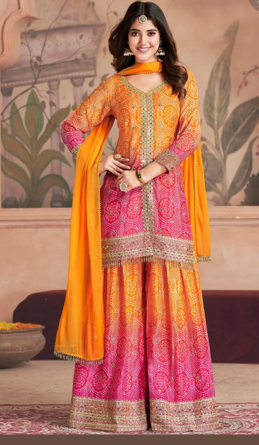 Chinnon Fabric Bandhej Print Heavy Palazzo Kurta Set