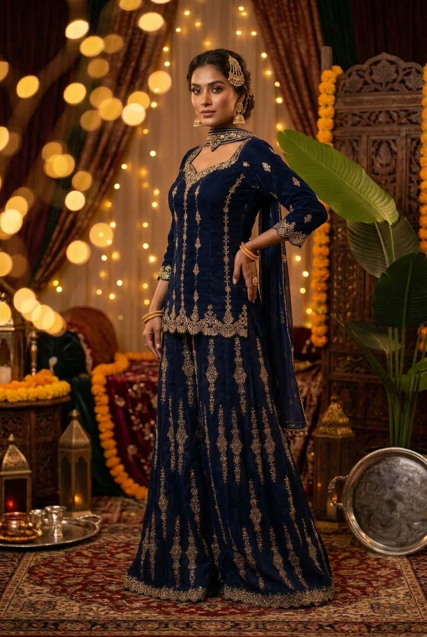 Elegant Fendy Zari Embroidered Plazzo Kurta Set