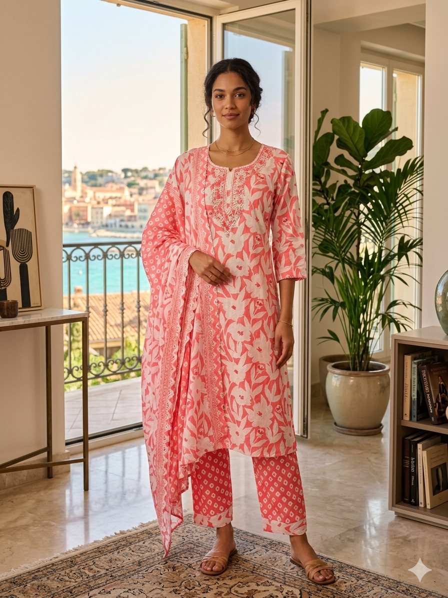 Light Pink Summer Wear Printed Cotton Kurta Set