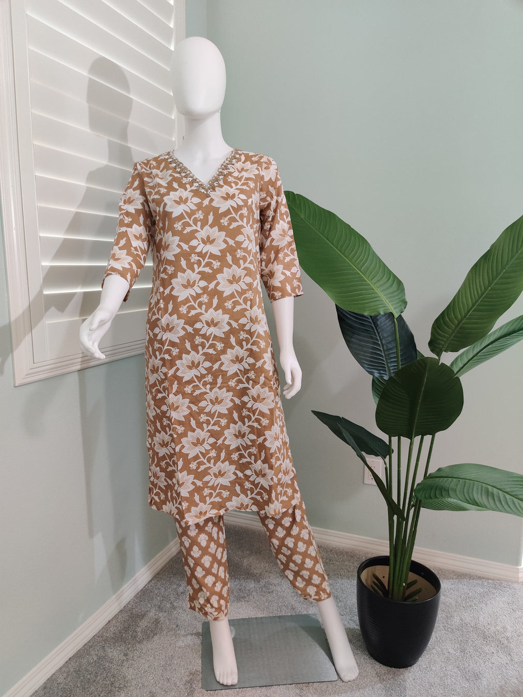 Beige Summer Wear Cotton Kurta Set