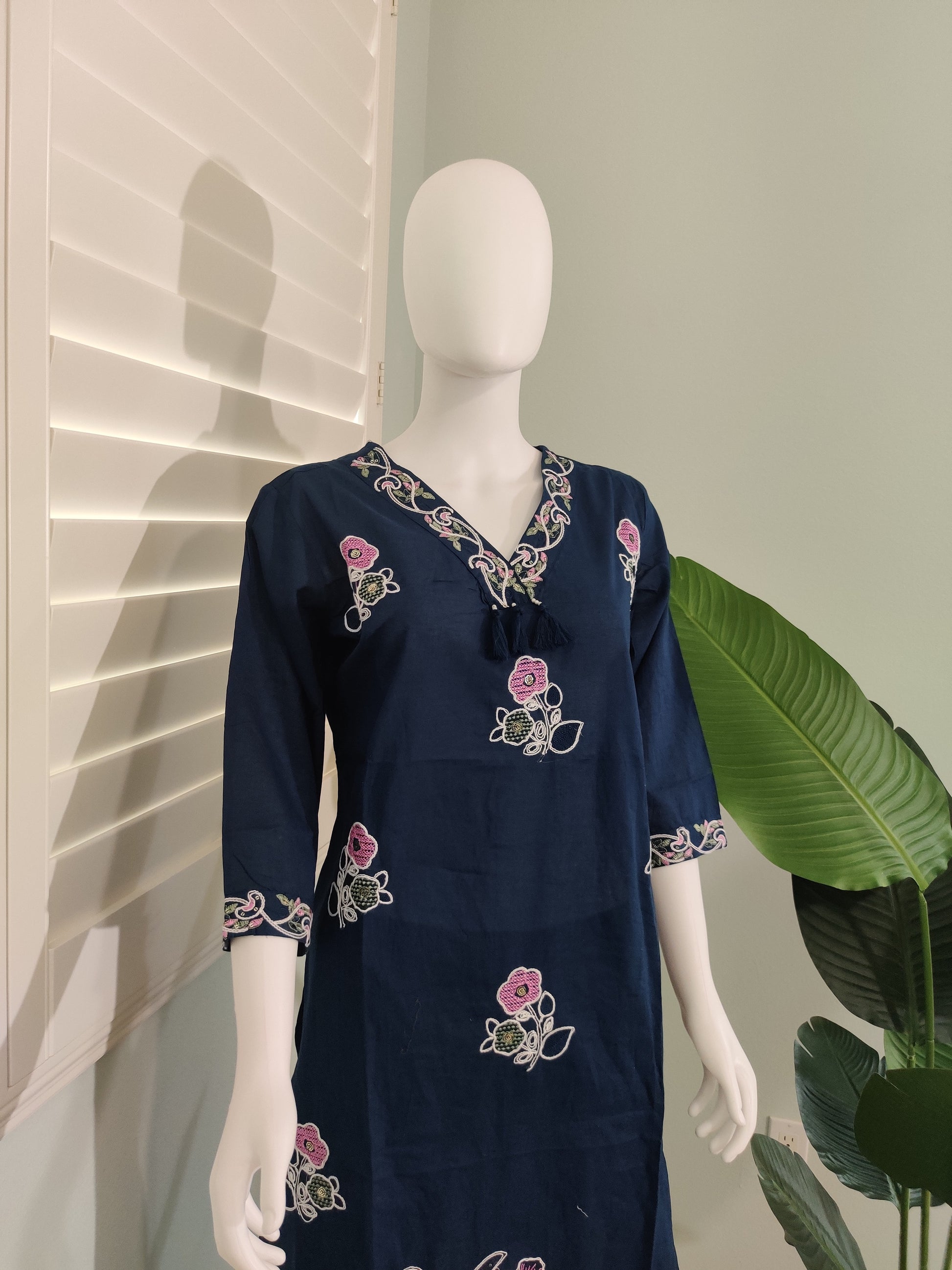 Navy Sequin Embroidered Cotton Kurta Set