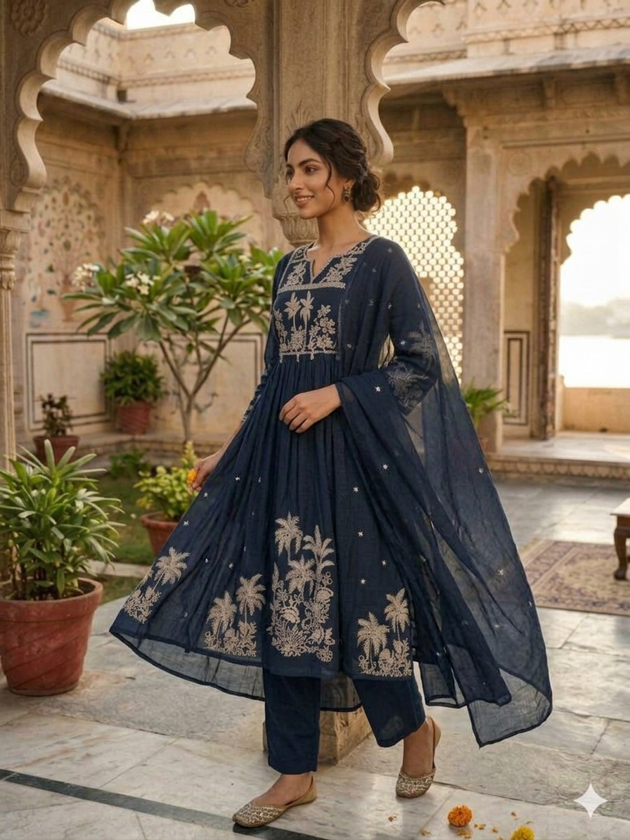 Dark Green A line Mul Cotton Embroidered Kurta Set