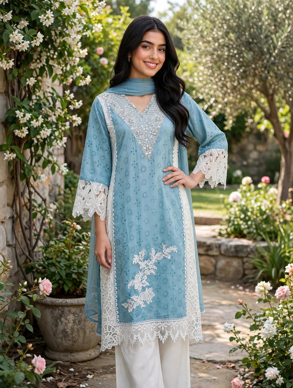 Powder Blue Pakistani Style Plazzo Kurta Set