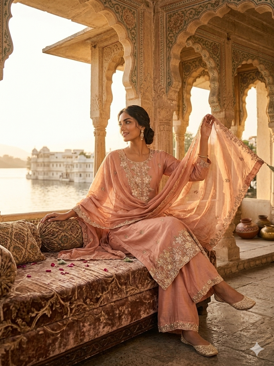 Peach Tissue Shimmer Handwork Embroidered Wedding Wear Suit