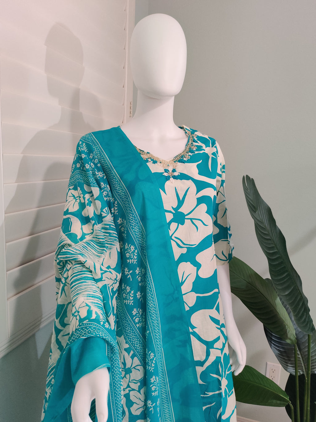 Teal Summer Wear Printed Cotton Kurta Set