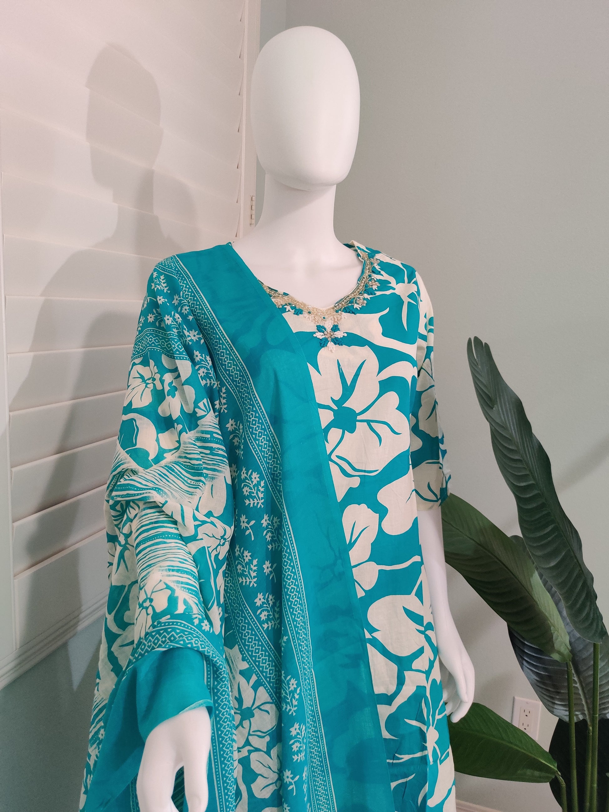 Teal Summer Wear Printed Cotton Kurta Set