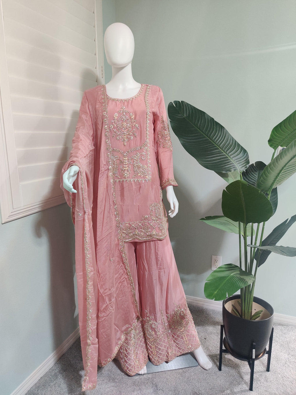 Pastel Pink Zari Embroidered Festive Wear Plazzo Kurta Set