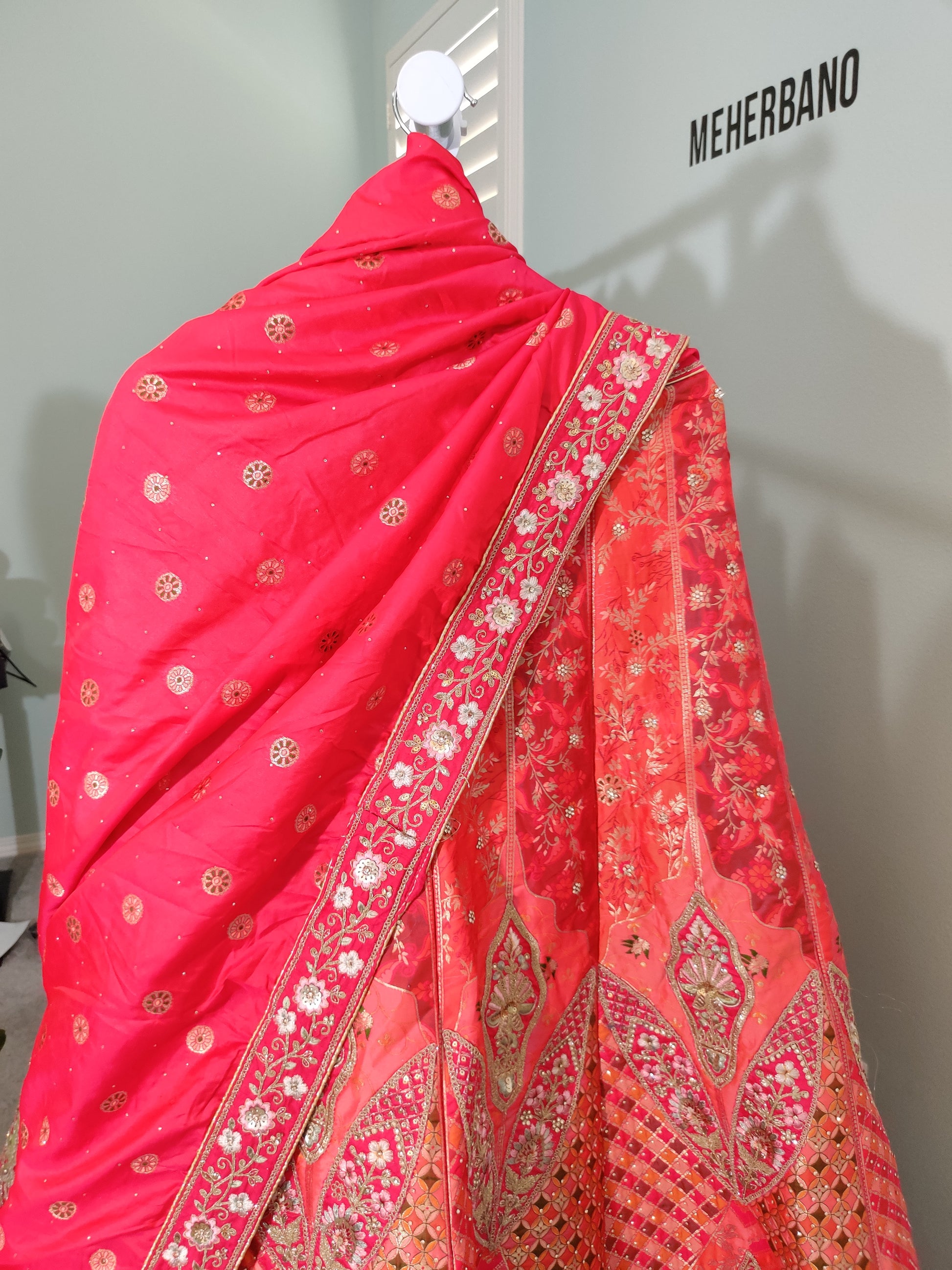 Lehenga – Pink and Orange Mirror work lehenga in Bloom”