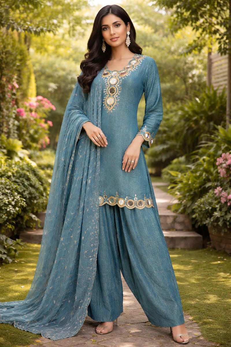 💙 Crushed Tissue Shimmer Farshi Salwar suit set