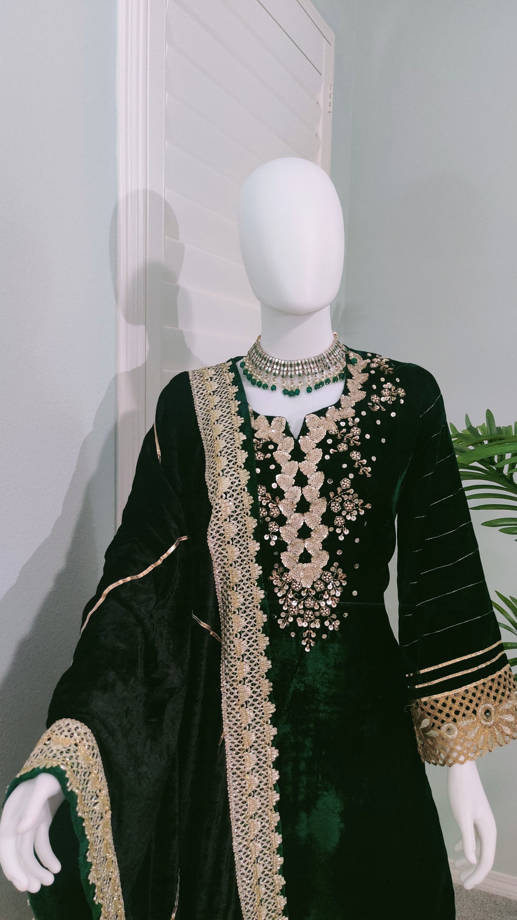 Embroidered Bottle Green Velvet Suit With Black Palazzo And Back Dupatta