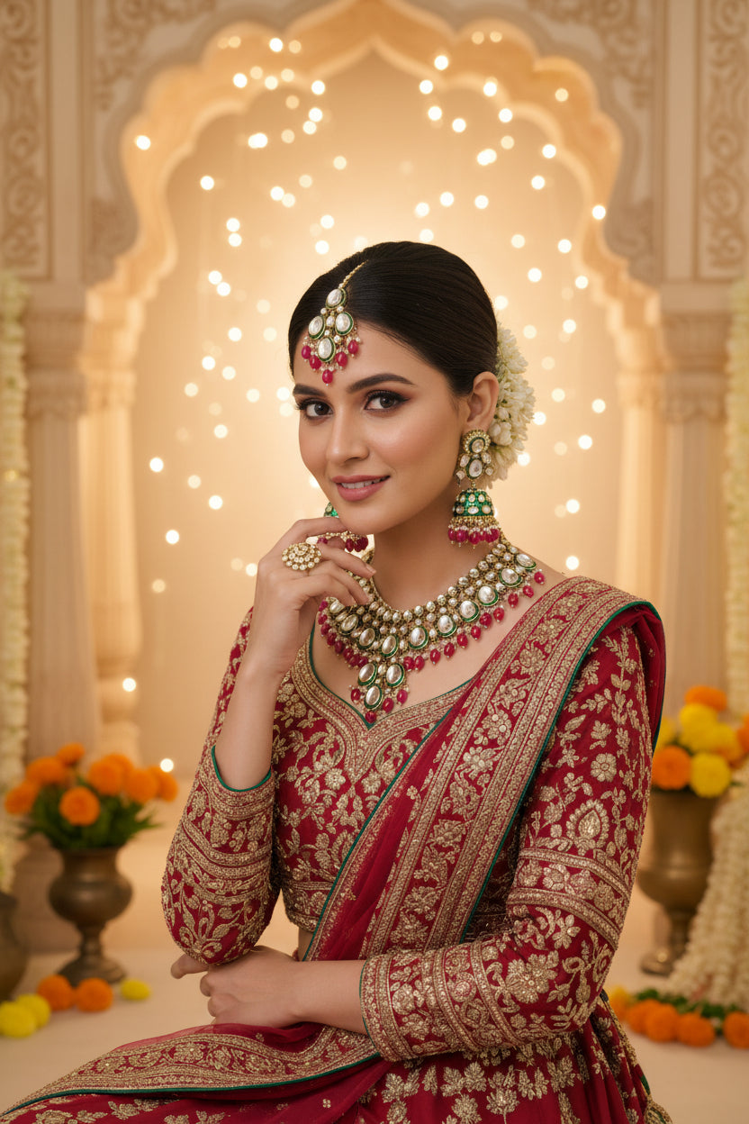 💚 Emerald & Ruby Heritage Kundan Necklace Set