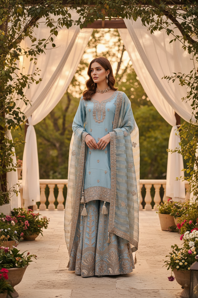 ✨ Silk Zari Embroidered Plazzo Kurta Set — Luxe & Regal